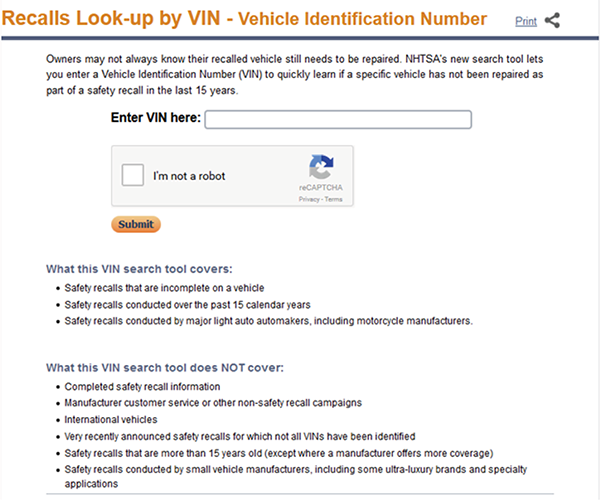 Recalls Look-up by VIN