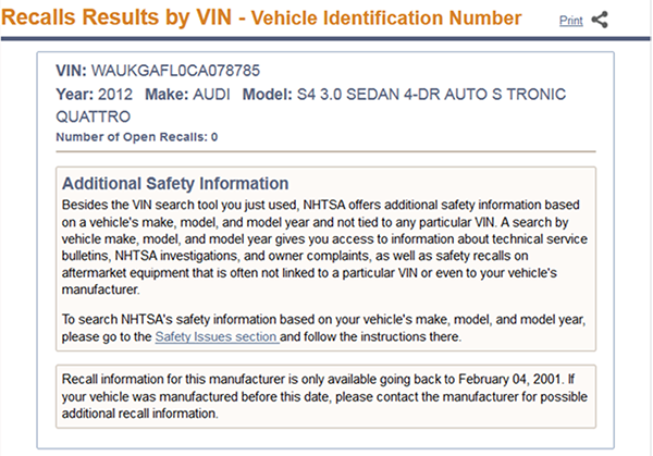 Recalls Results by VIN